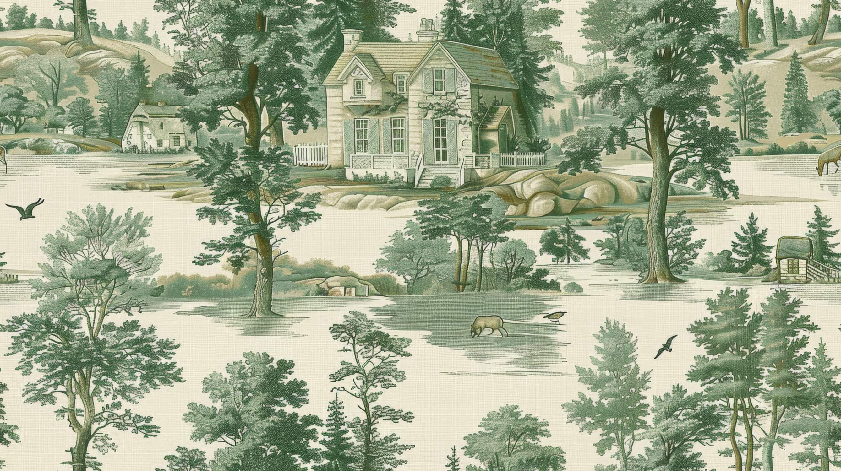 Toile de Jouy Landscape Green Wallpaper | Murals Wallpaper