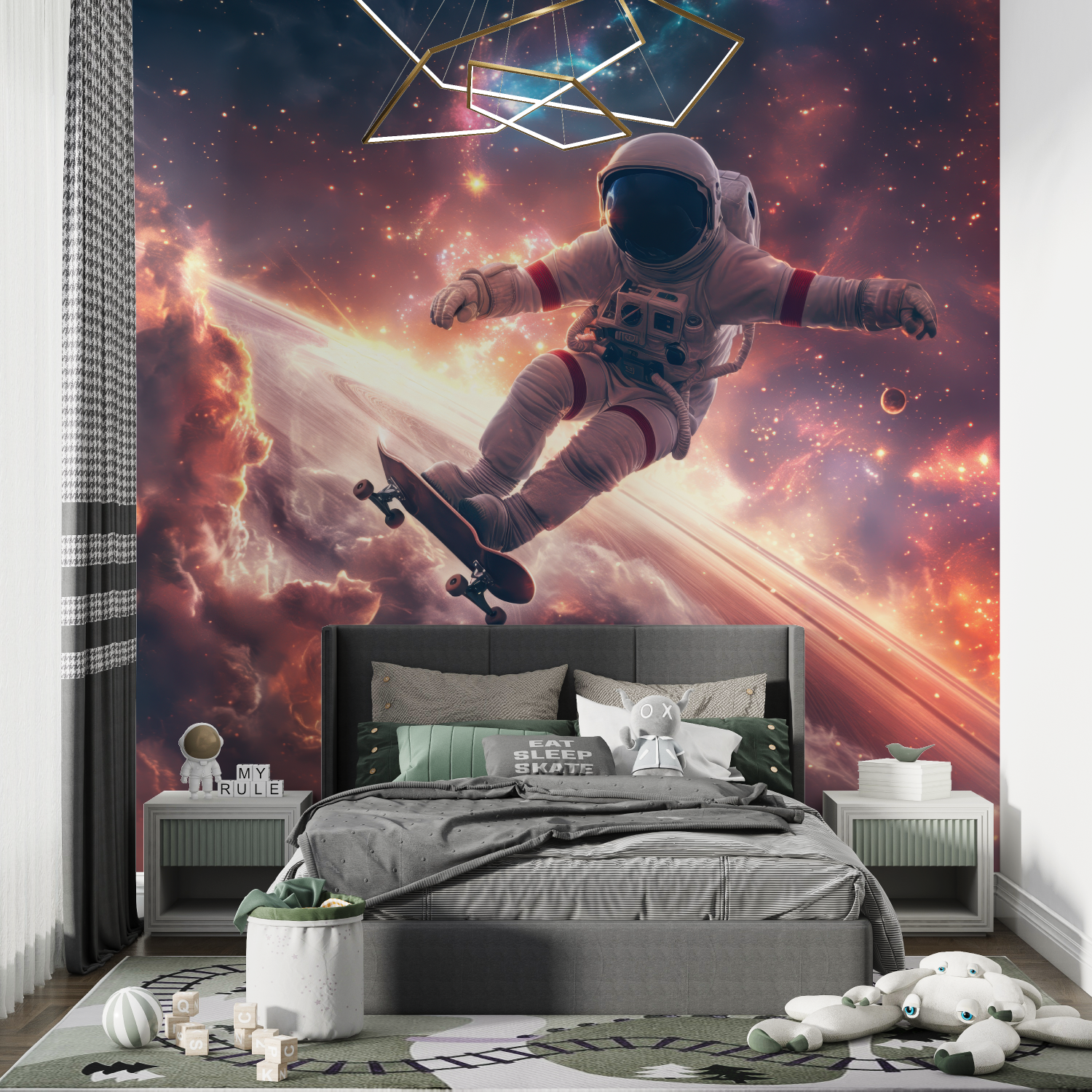 Tapete mit Astronauten-Skateboard – Wand-Panoramablick