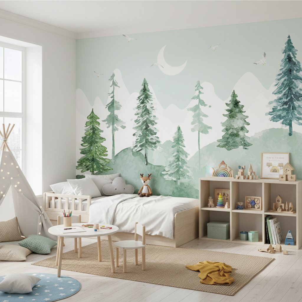 Mural Classic Baby Wallpaper Watercolor Green Forest