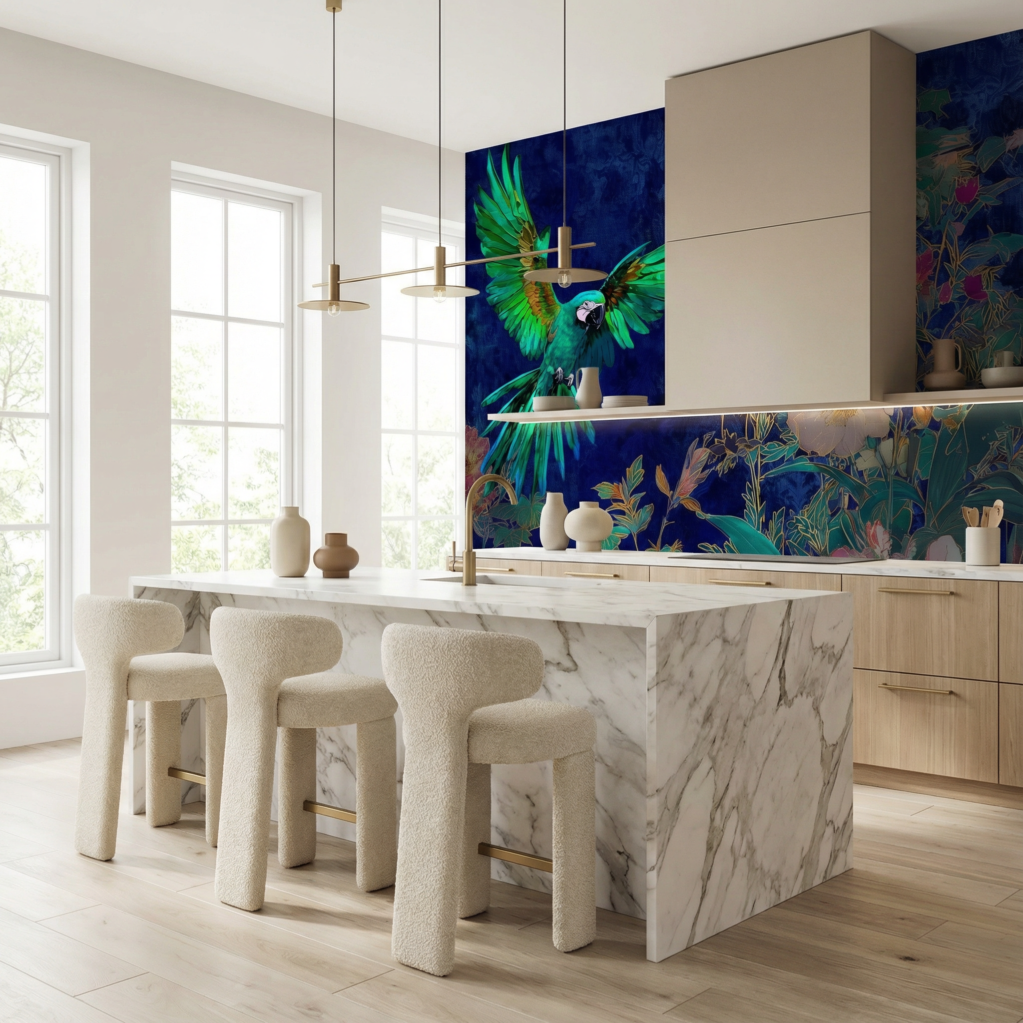 Vibrant Parrot and Floral Garden Mural Wallpaper