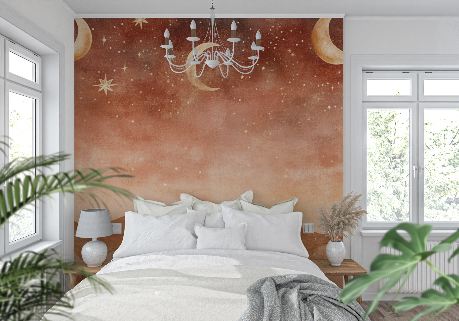 Terracotta Wallpaper with Moons and Stars | Murals Wallpaper