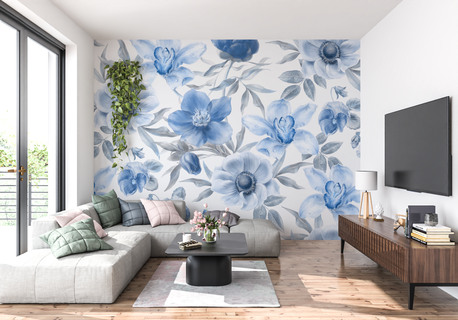 Papier Peint Floral Bleu – 4 Murs