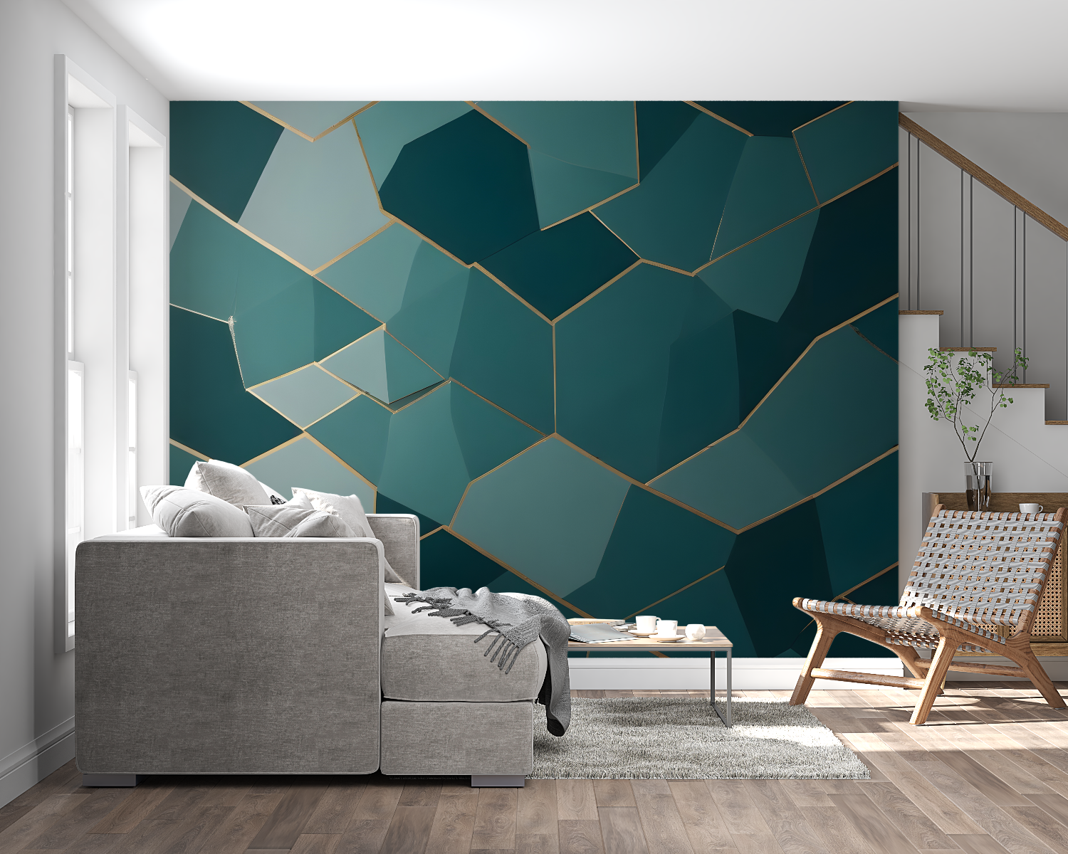 Geometrische Tapete in Blaugrün – Kopfteil