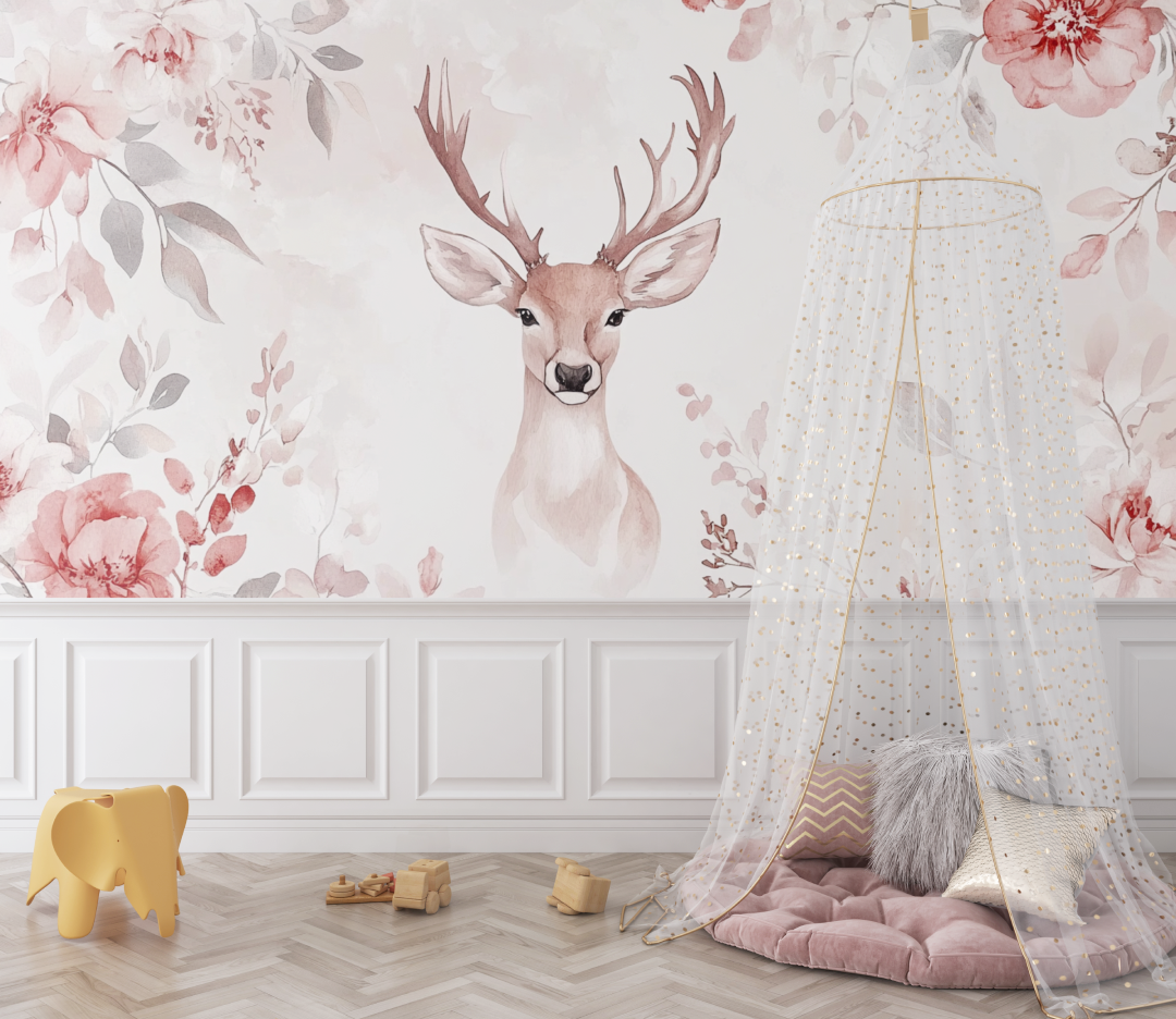 Soft Pink Floral Wallpaper with Deer | Murals Wallpaper