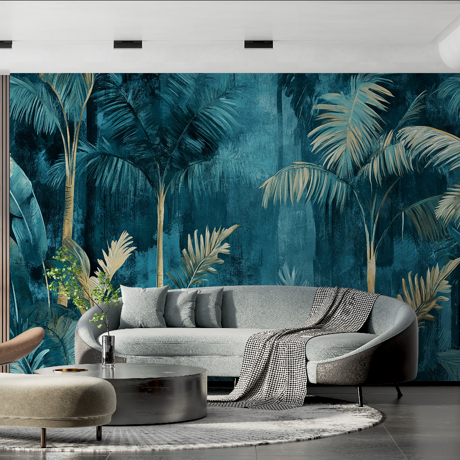 Mural Wallpaper with Teal Blue