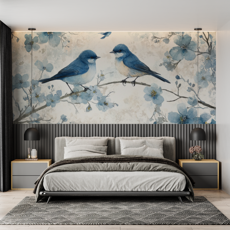 Watercolor Wallpaper with Songbirds on Flowering Branch | Murals Wallpaper