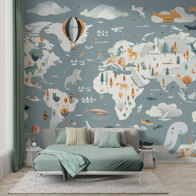 Papier peint panoramique carte du monde enfant murs