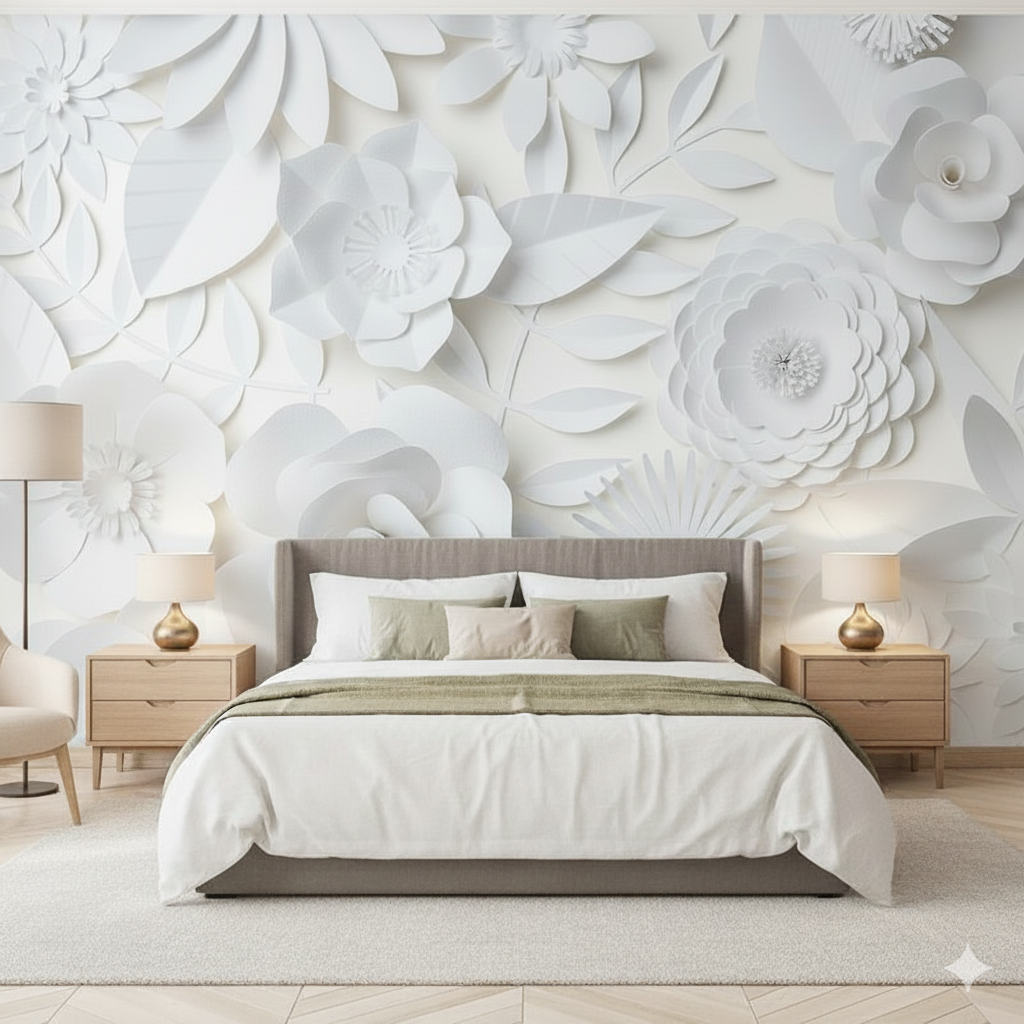 Papel pintado 3D de flores blancas