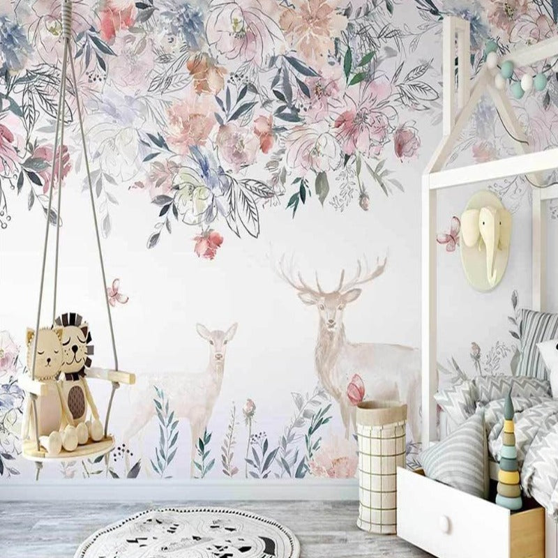 Animal Wallpaper <br/> Deer and Flower Pattern | Murals Wallpaper