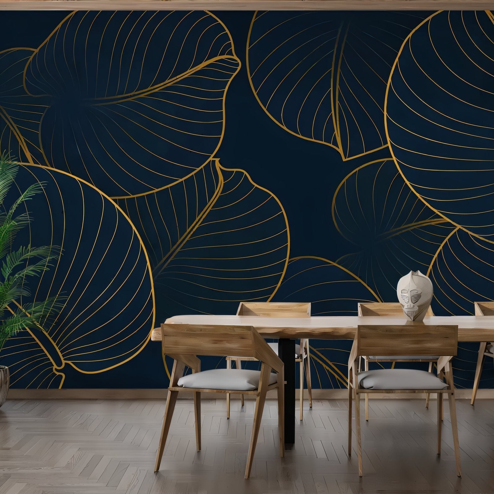 Gold Blue Navy Leaf Mural Wallpaper