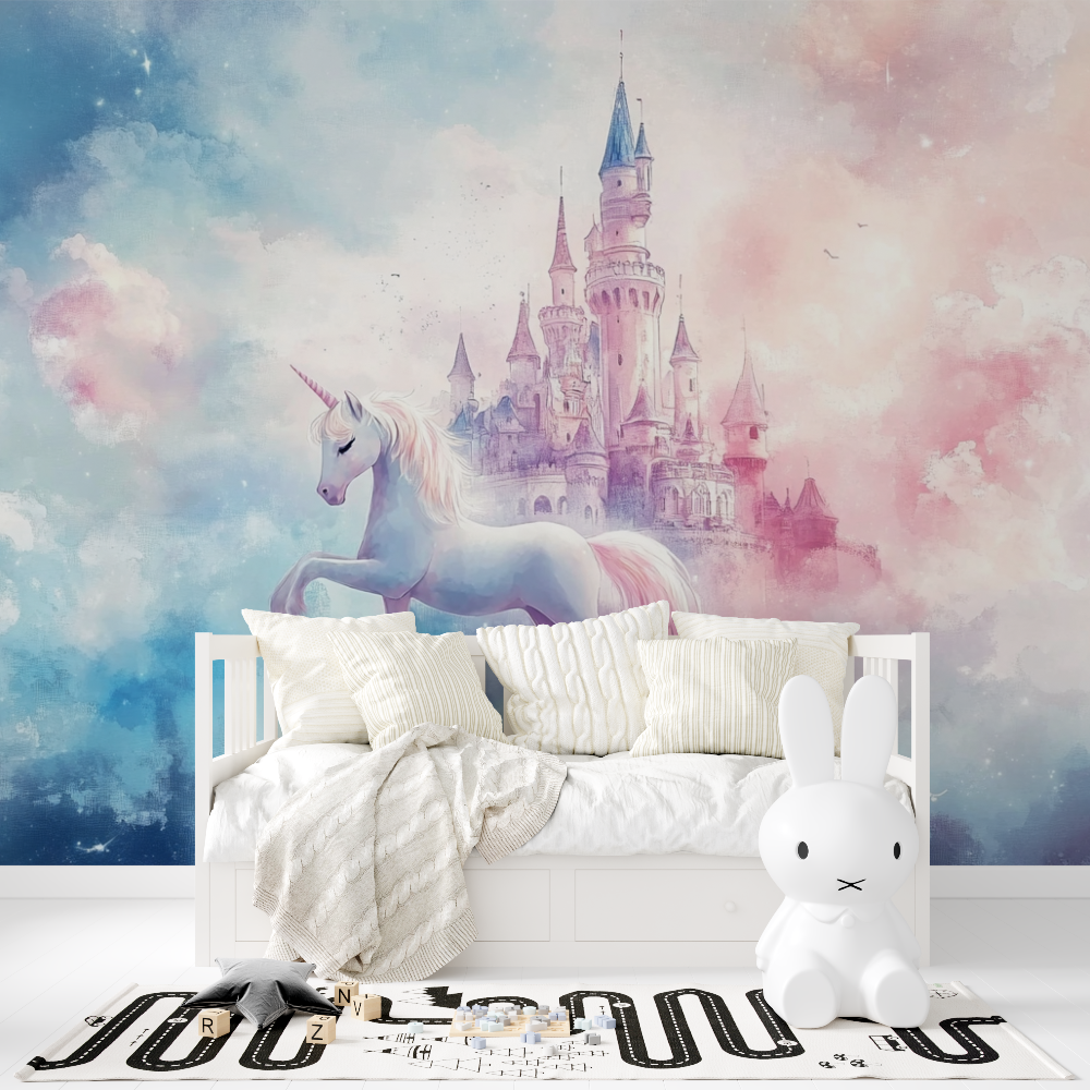 Unicorn Wallpaper for Room Decor with Clouds and Castle | Murals Wallpaper