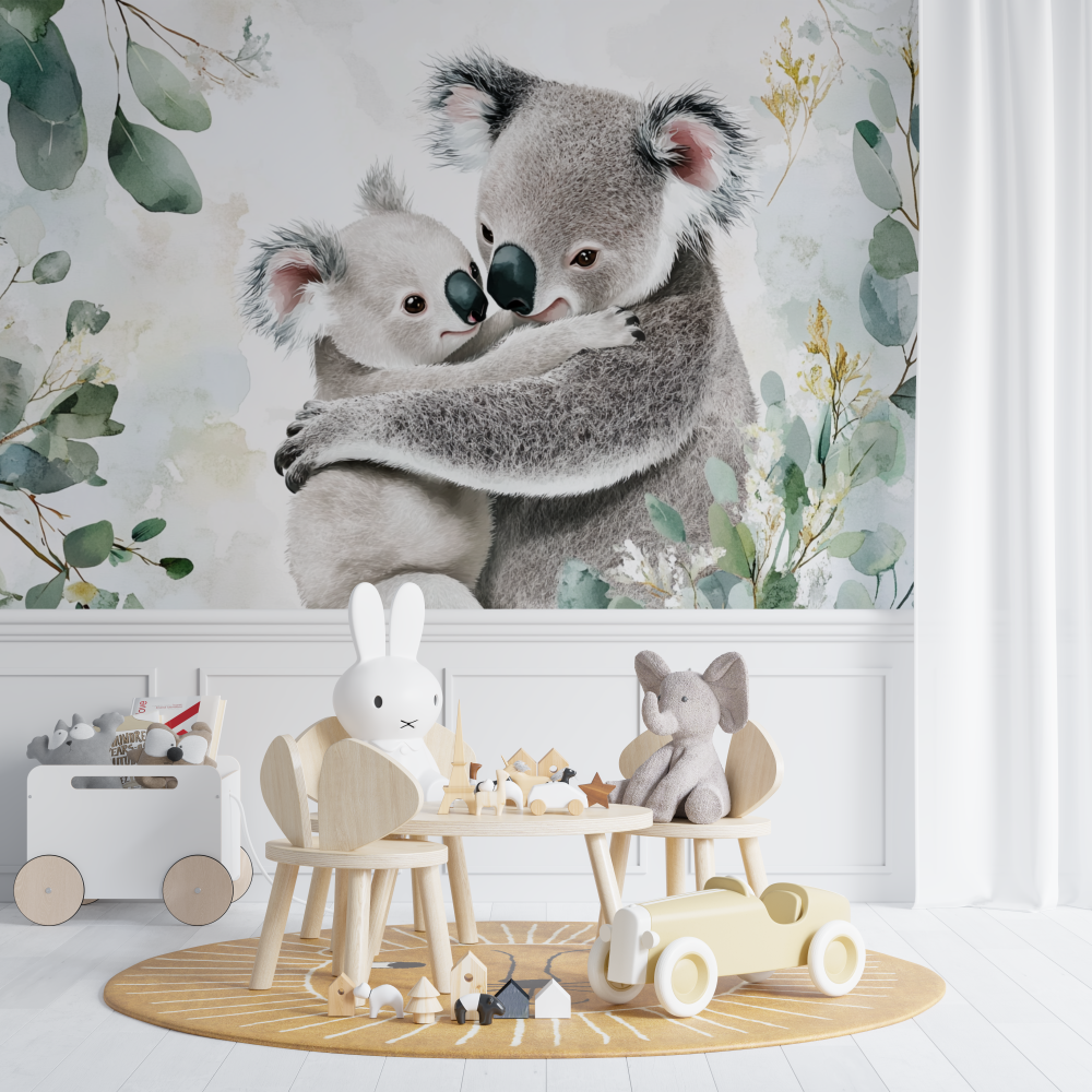 Koala Wallpaper Cuddled Against Its Mom | Murals Wallpaper