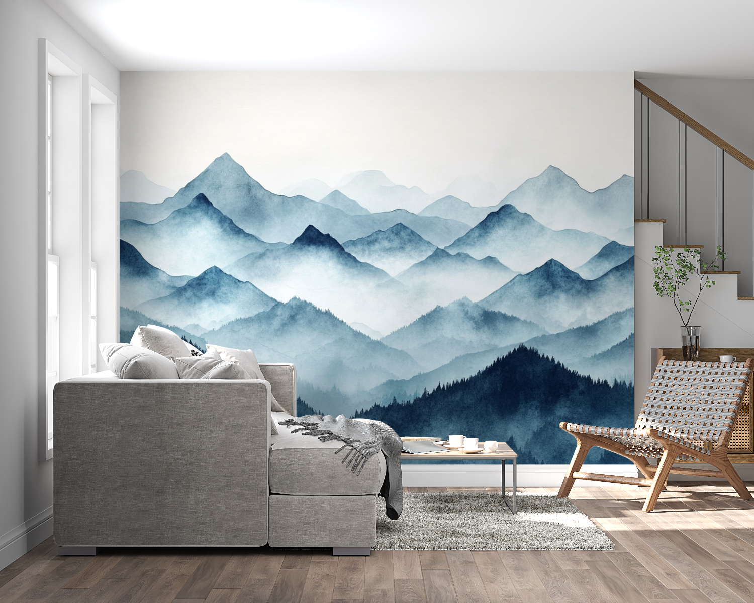 Wandbild aus Papier mit Aquarellfarben, Paysage-Bergpanorama