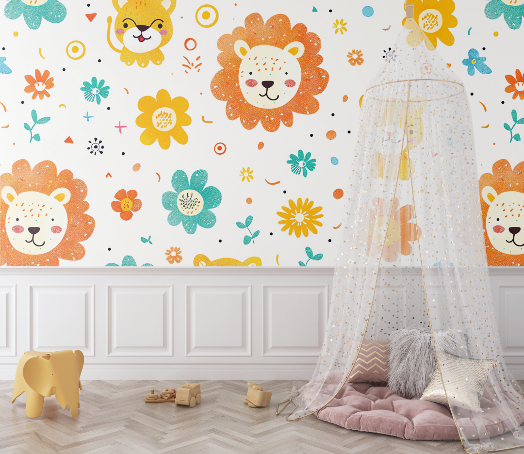 Lion and Delicate Flowers Wallpaper | Murals Wallpaper