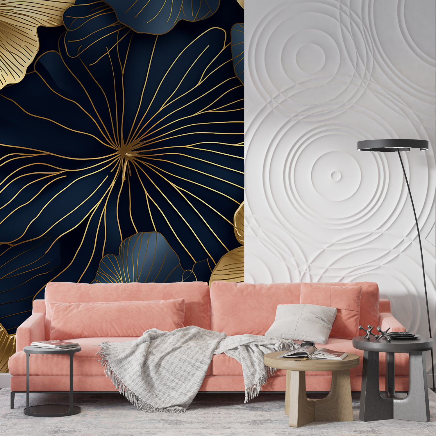 Papier Peint Art Déco Bleu Grosses Fleurs Doré - imprimé