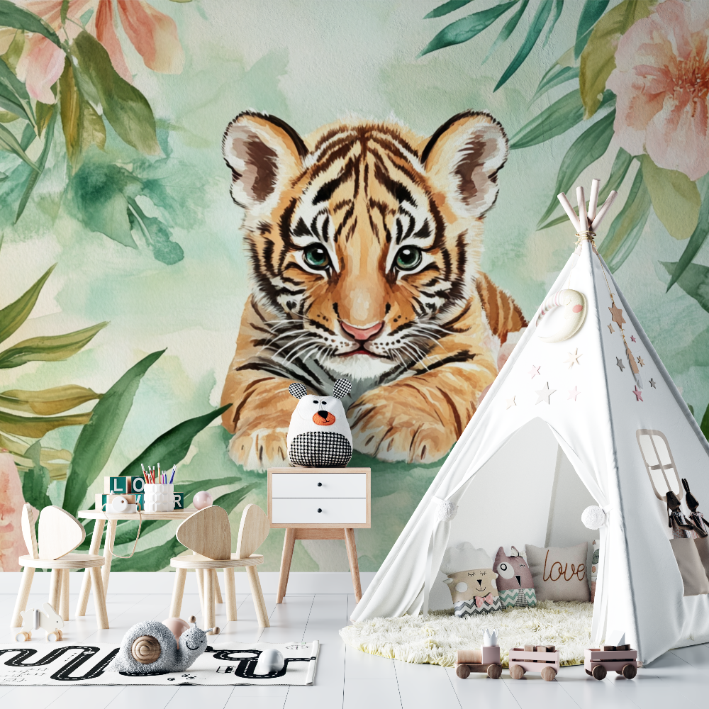 Tiger and Leaf Watercolor Wallpaper | Murals Wallpaper