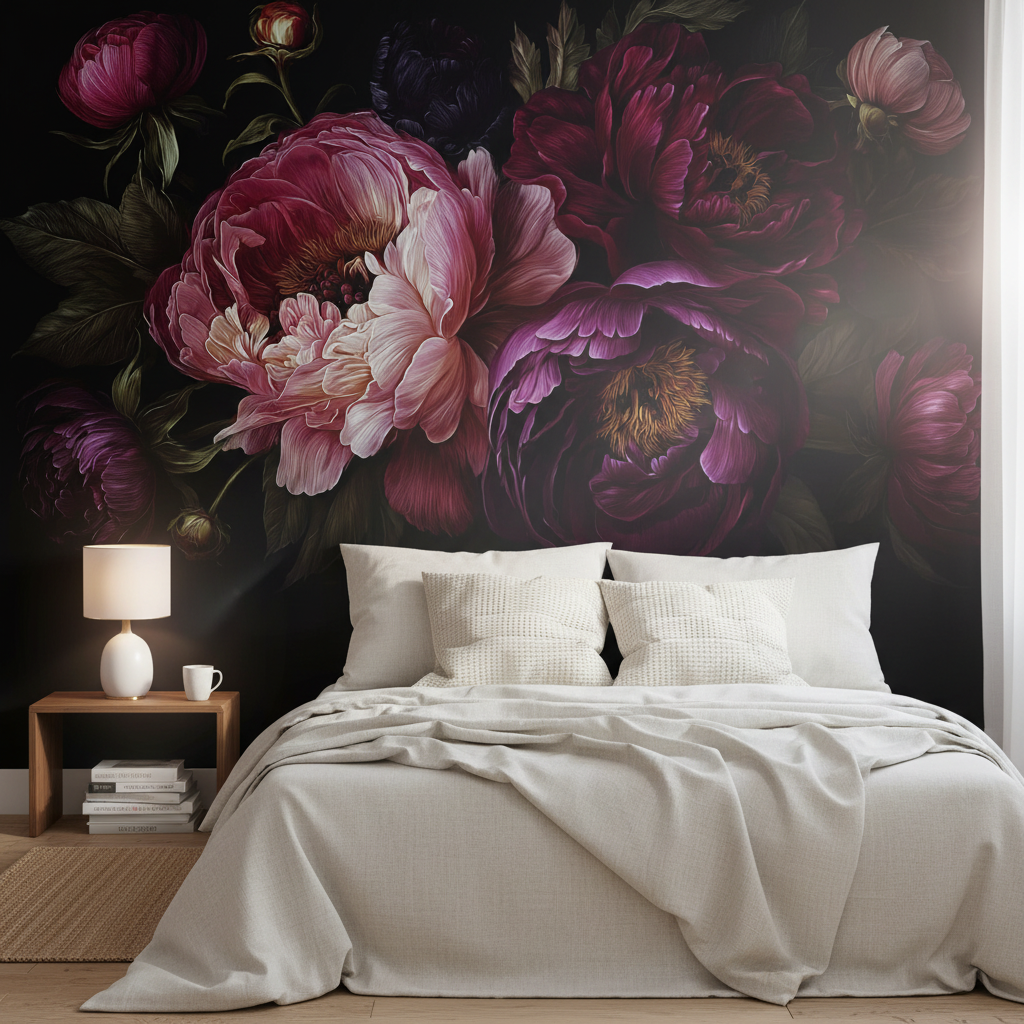 Dark Vintage Peony Floral Mural Wallpaper