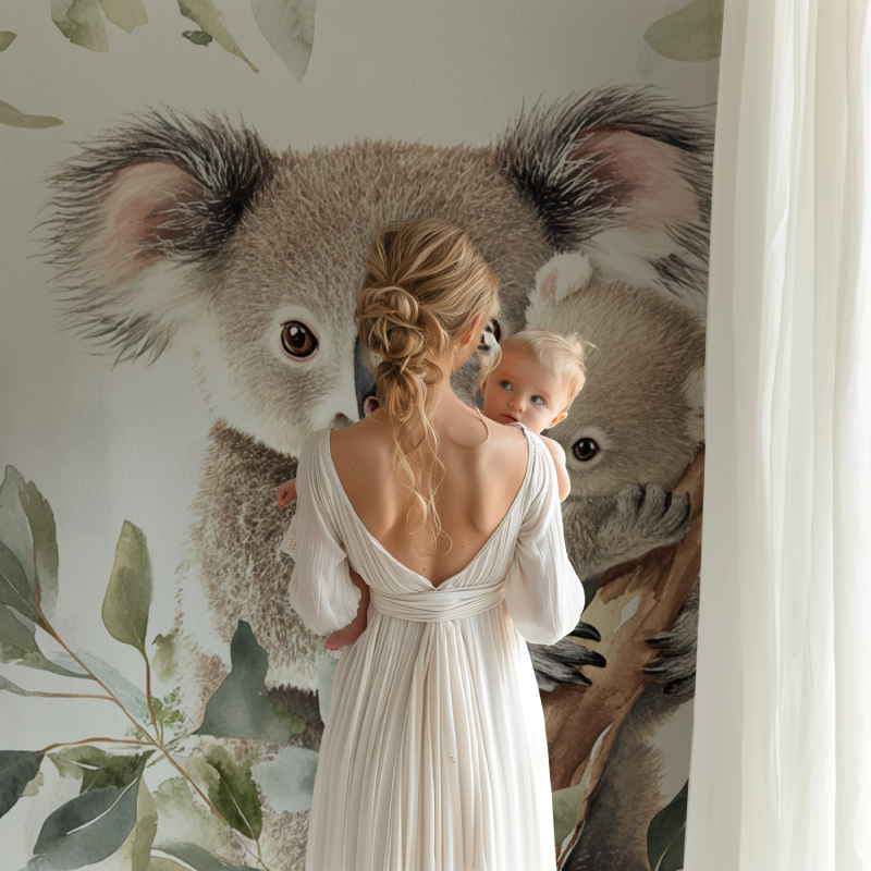 Koala Wallpaper Cuddled Up Against Its Mom | Murals Wallpaper