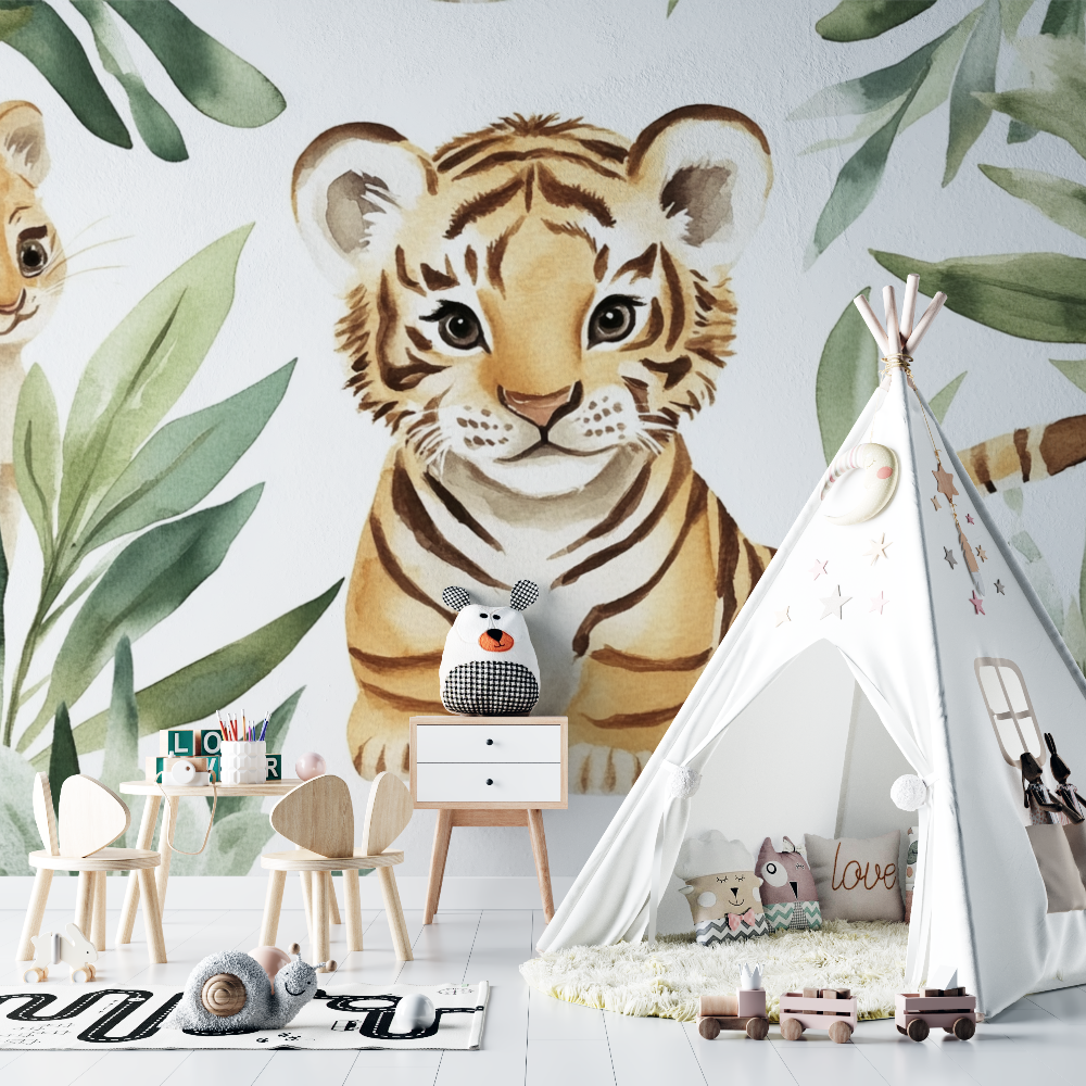 Papier peint tigre et amis de la jungle chambre bebe