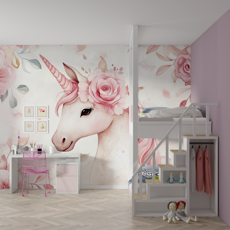 Royal Unicorn and Pink Flower Wallpaper | Murals Wallpaper