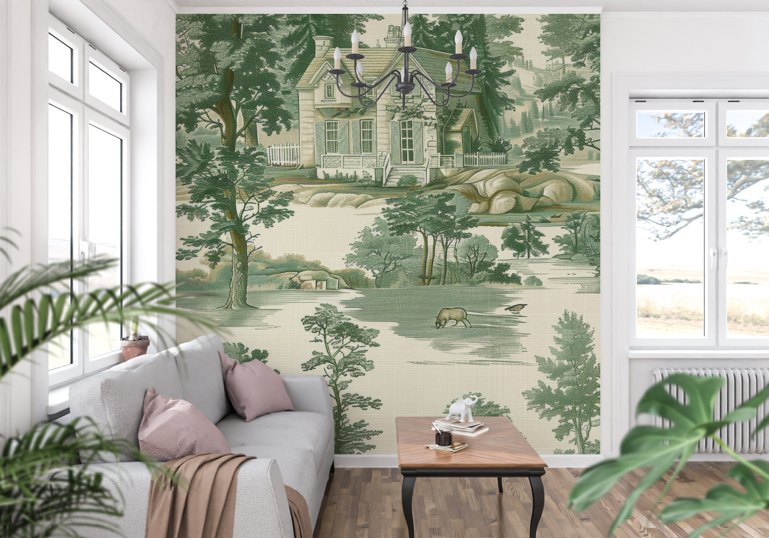 Toile de Jouy Landscape Green Wallpaper | Murals Wallpaper