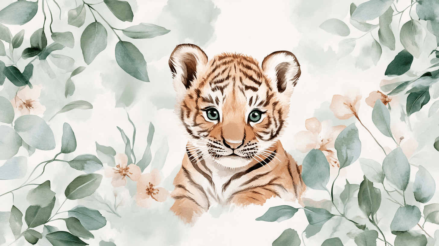 Tiger and Eucalyptus Leaves Wallpaper | Murals Wallpaper