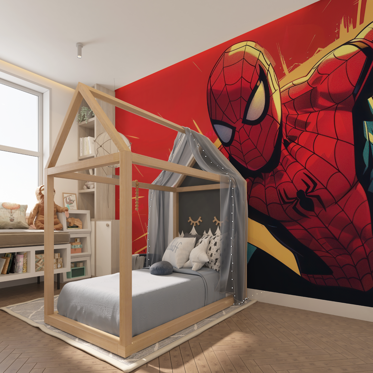 Spiderman Comic-Tapete – Jungenzimmer Bett