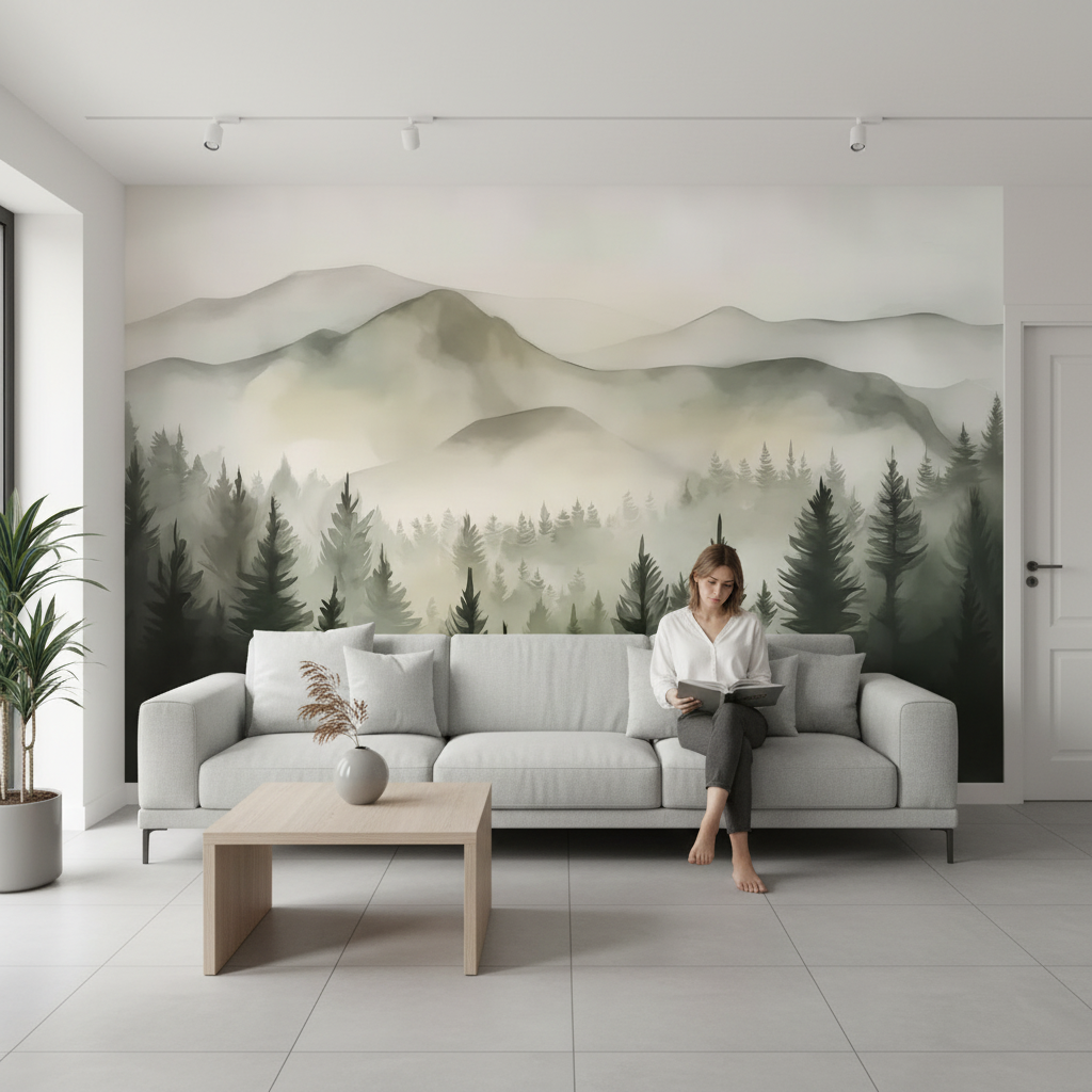 Watercolor Misty Pine Mountains Mural Wallpaper