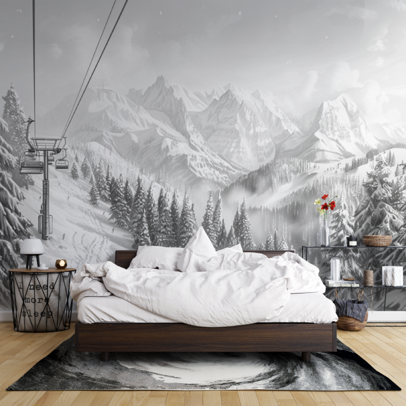 Mountain Cable Car Black & White Wallpaper | Murals Wallpaper
