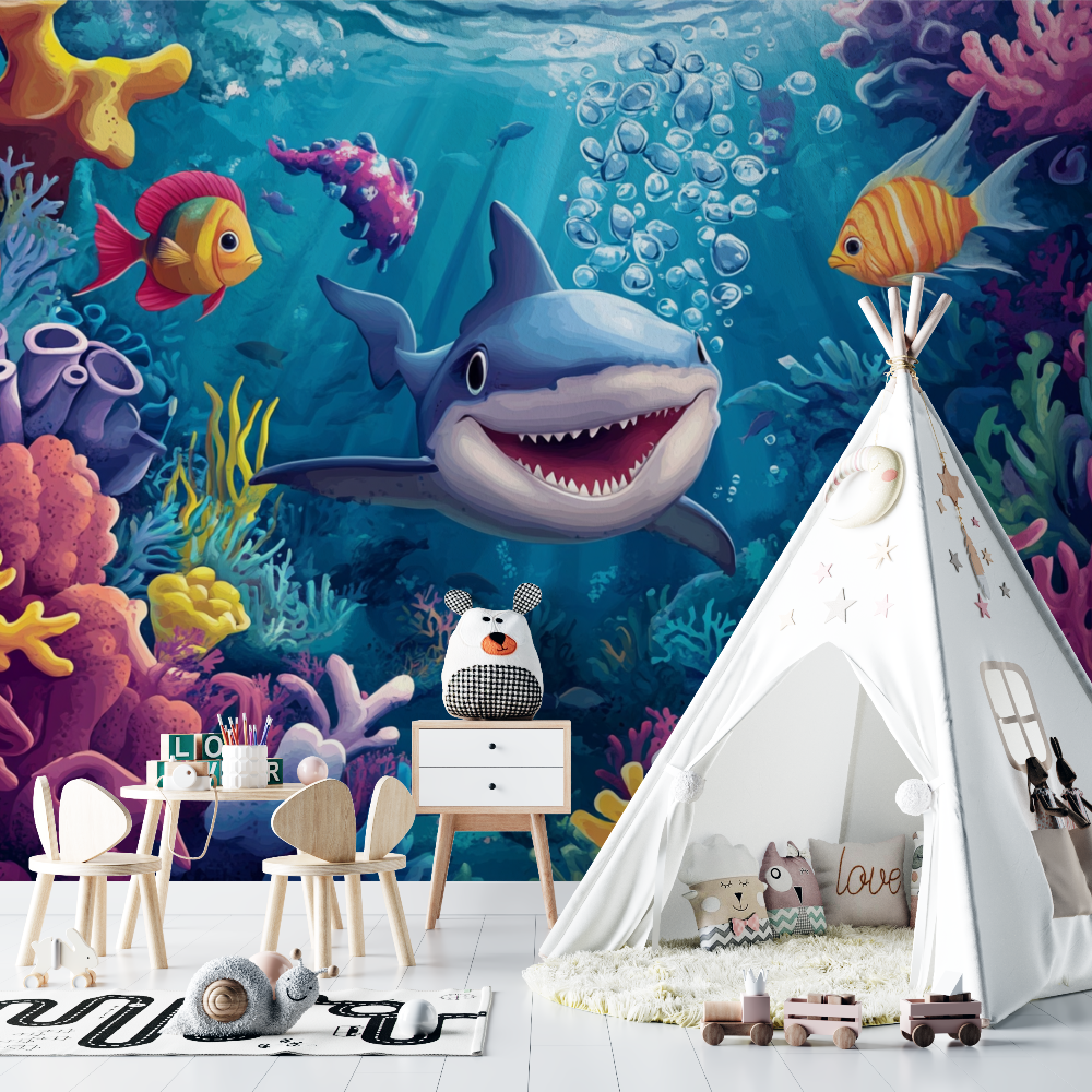 Marine Wallpaper with Red Octopus and Shark | Murals Wallpaper