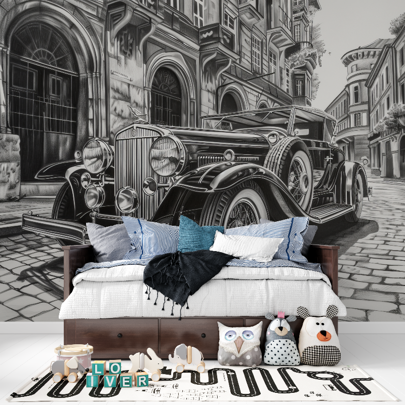 Black and White Car Drawing Wallpaper | Murals Wallpaper