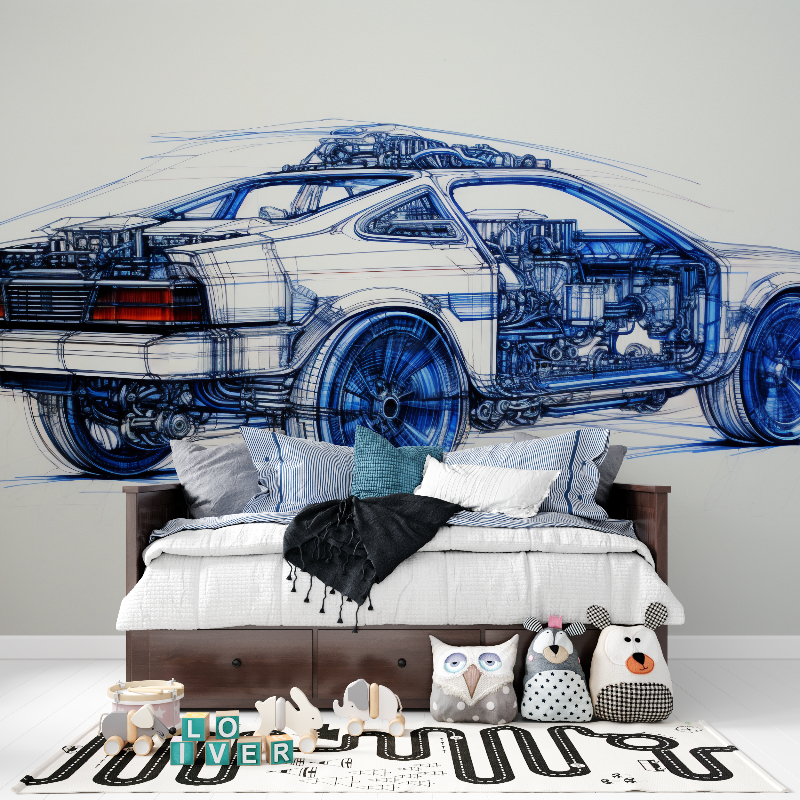 Blue Car Technical Drawing Wallpaper | Murals Wallpaper