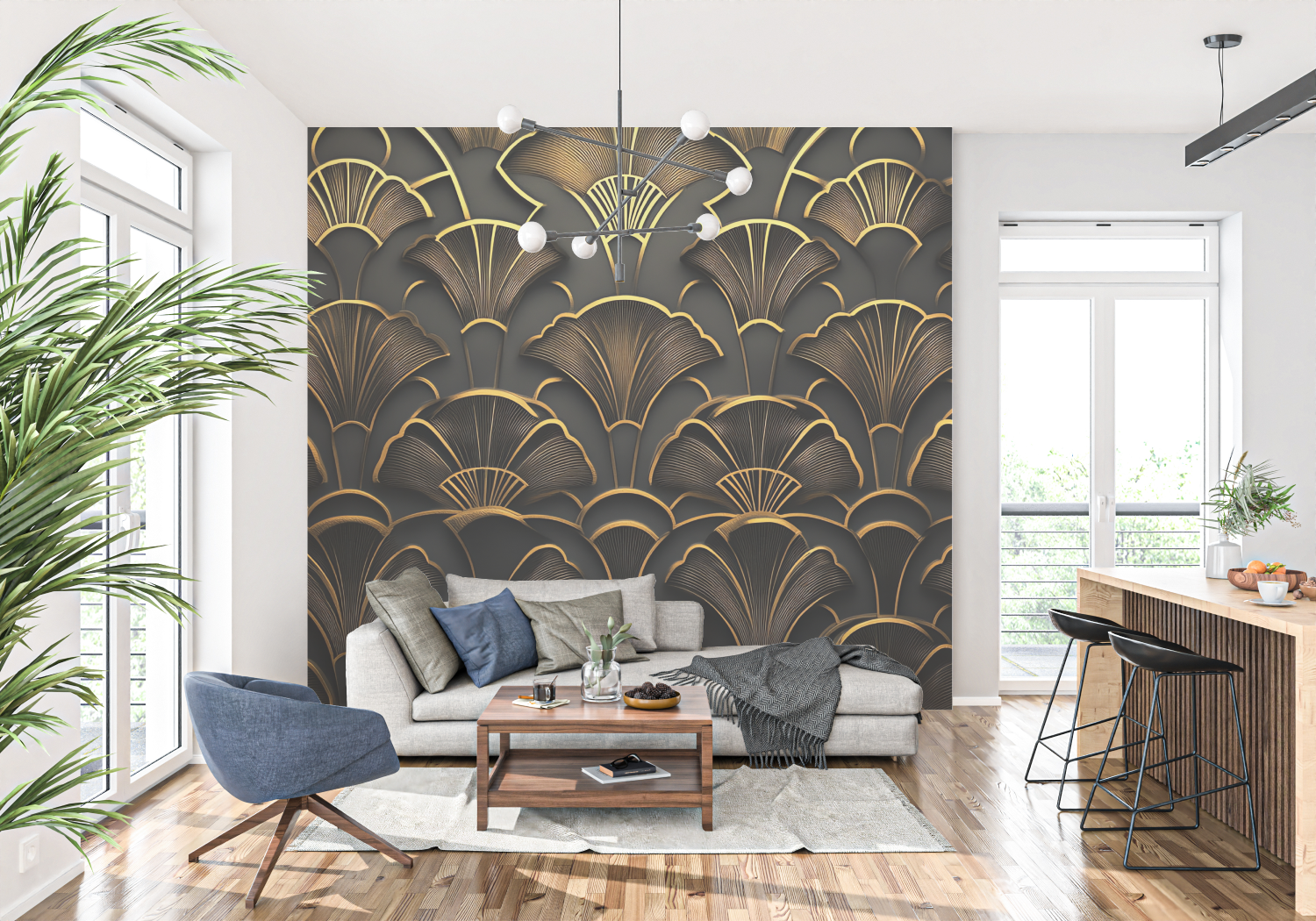 3D Black and Gold Art Deco Floral Wallpaper | Murals Wallpaper