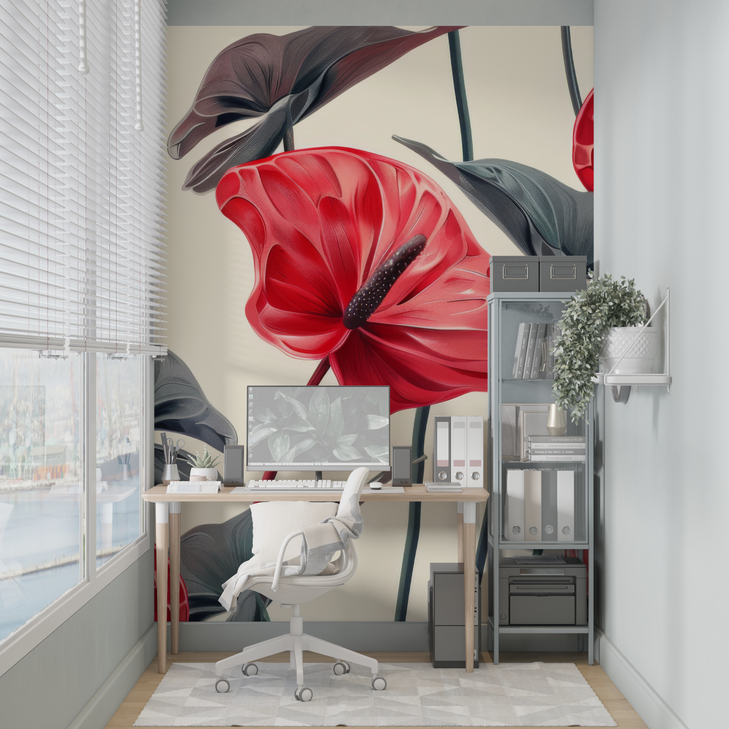 Gray Red Floral Wallpaper | Murals Wallpaper
