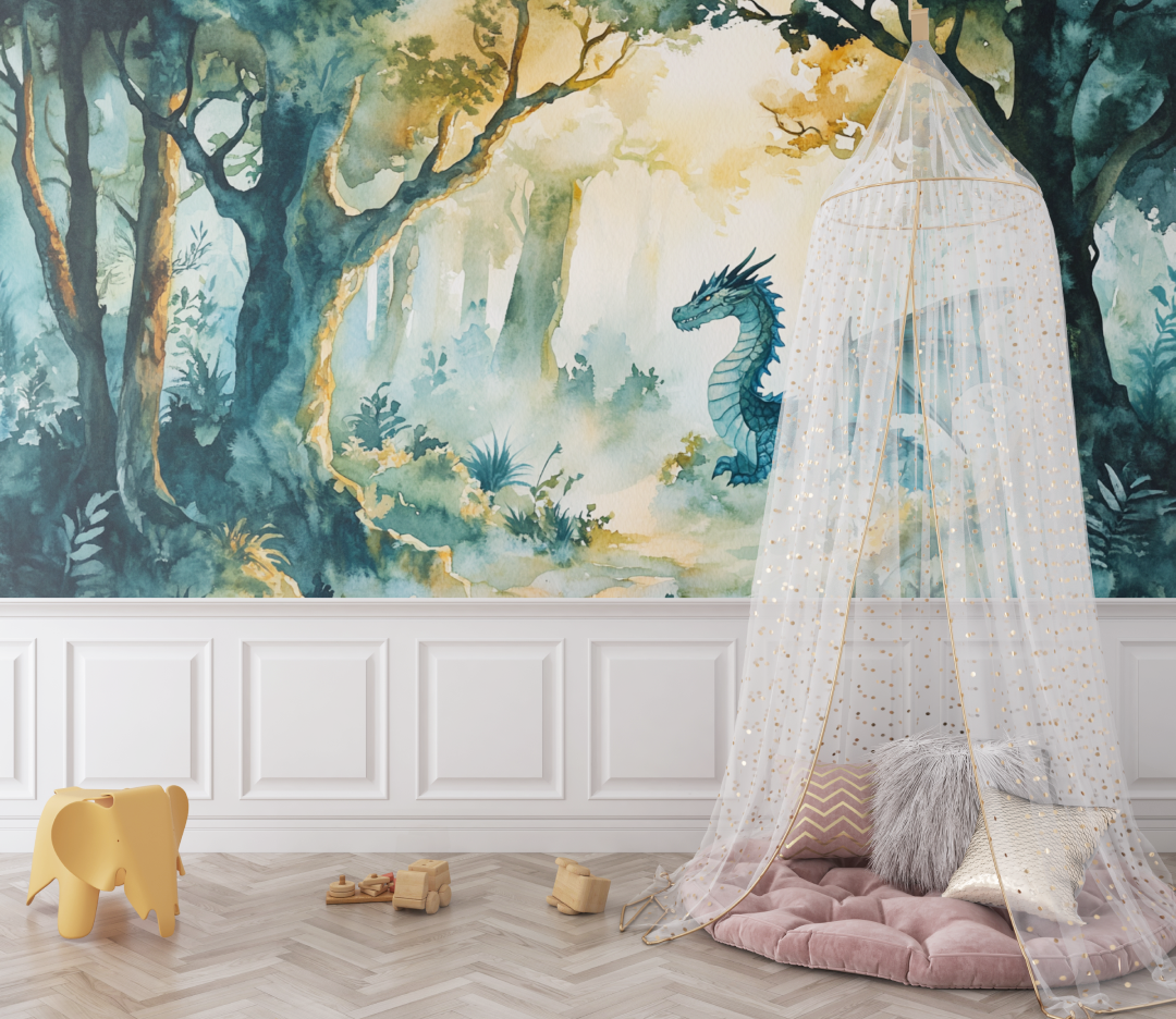 Tapete mit Tiermotiven für den Wald des Drachenbabys