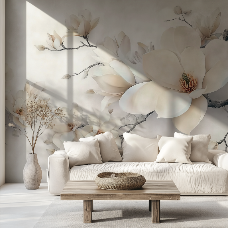 Große weiße Tulpen-Fototapete für den Trend-Couchbereich