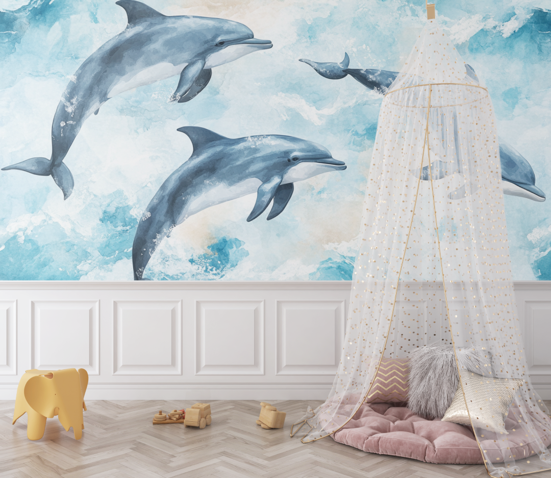 Papier-Marin-Aquarell-Dauphins-Joyeux-Baby