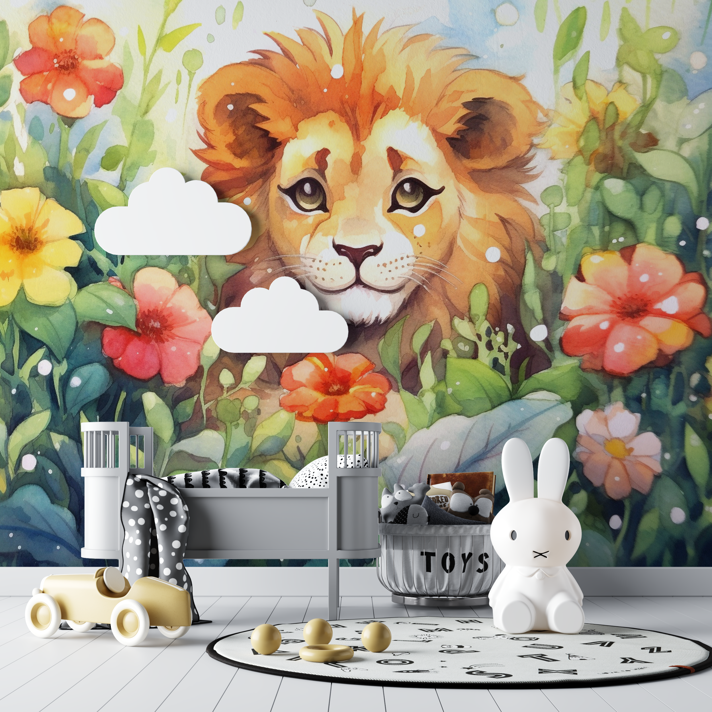 Watercolor Lion and Foliage Wallpaper | Murals Wallpaper