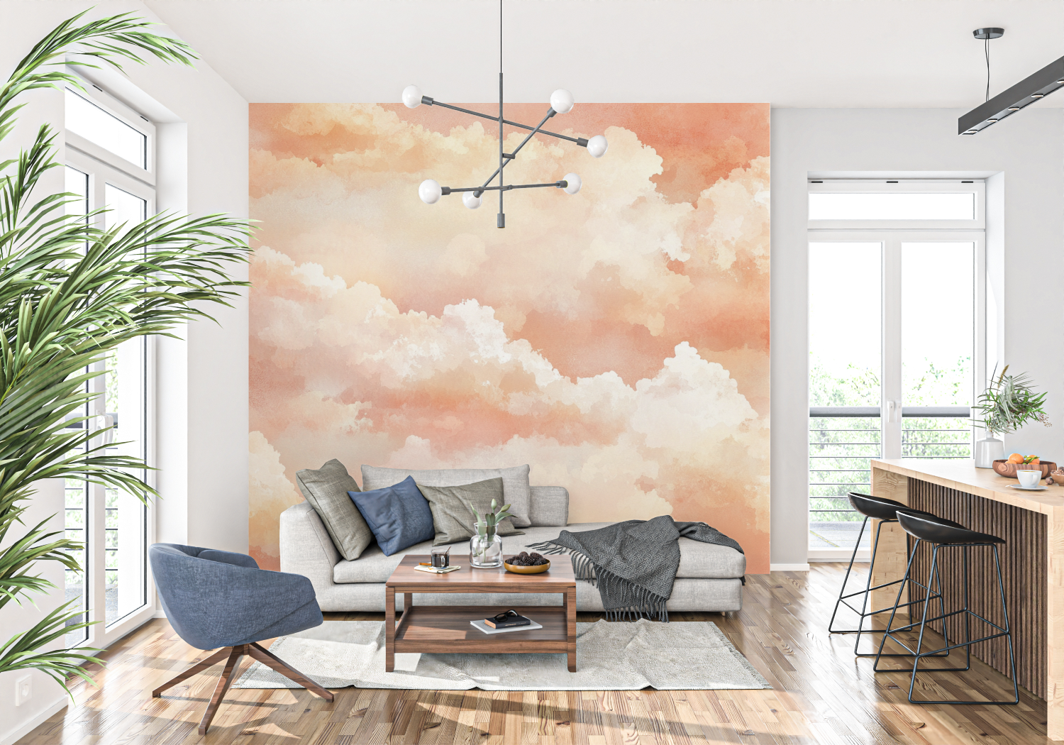 Terracotta Wallpaper with Watercolor Clouds | Murals Wallpaper