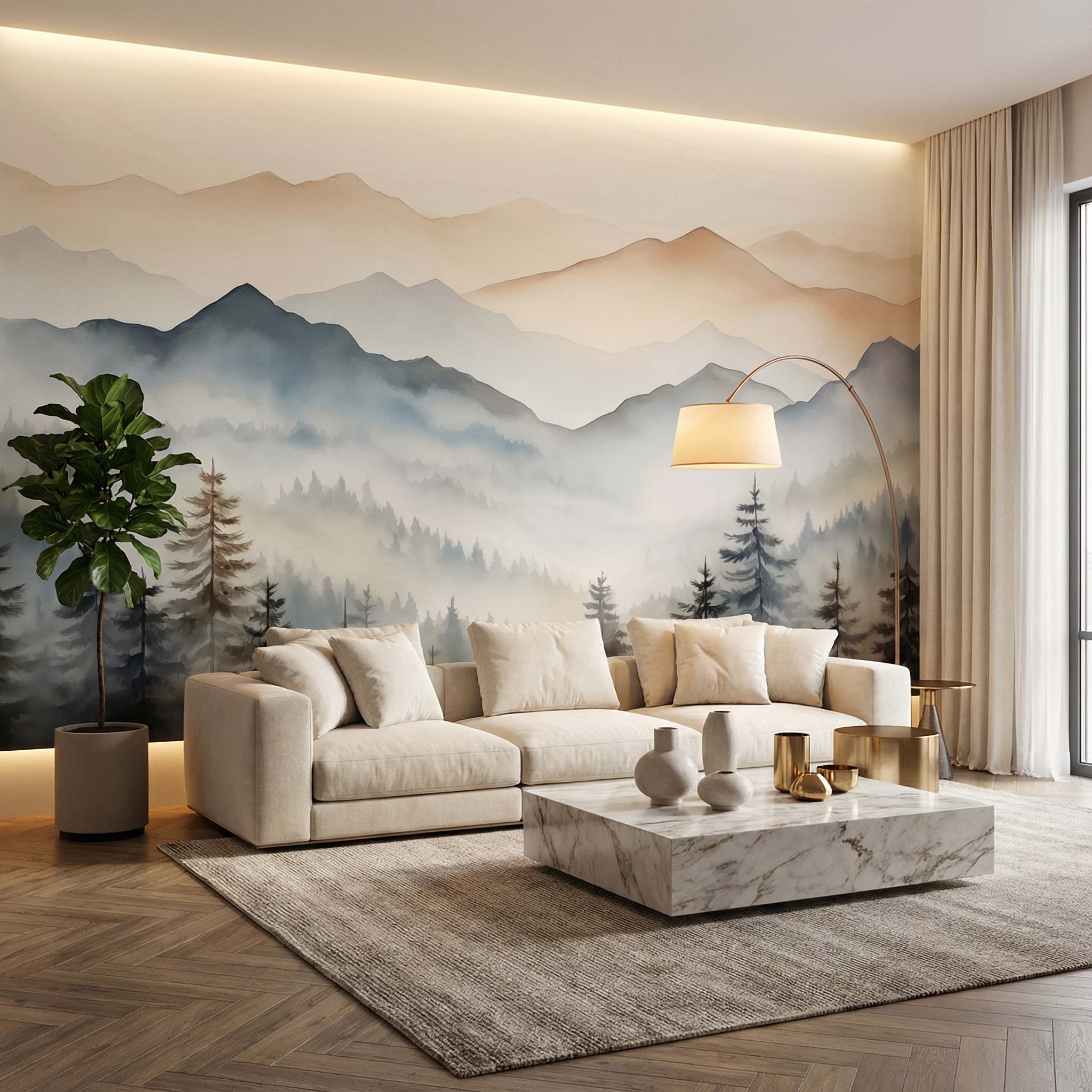 Soft Watercolor Mountain Landscape Mural Wallpaper