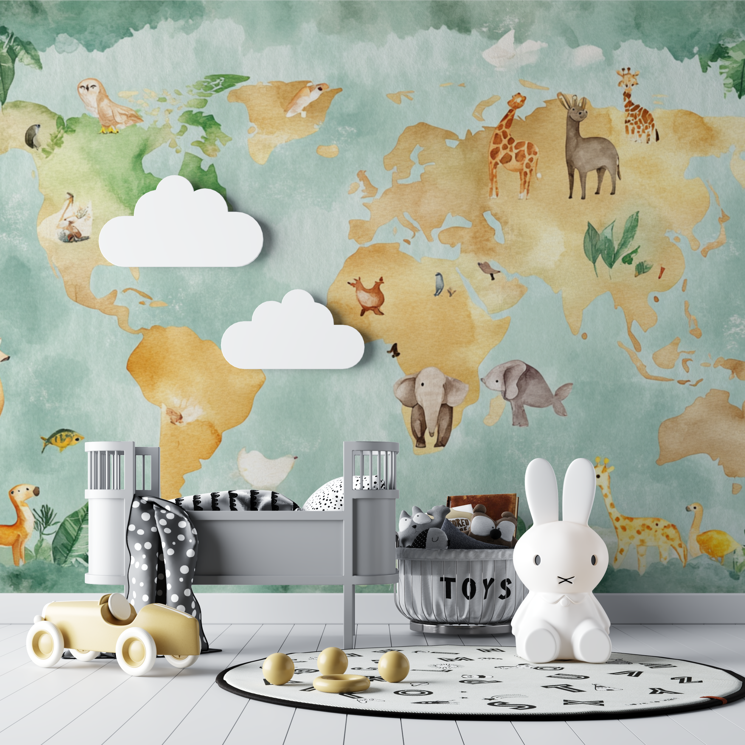 Colored World Map Wallpaper with Animals | Murals Wallpaper