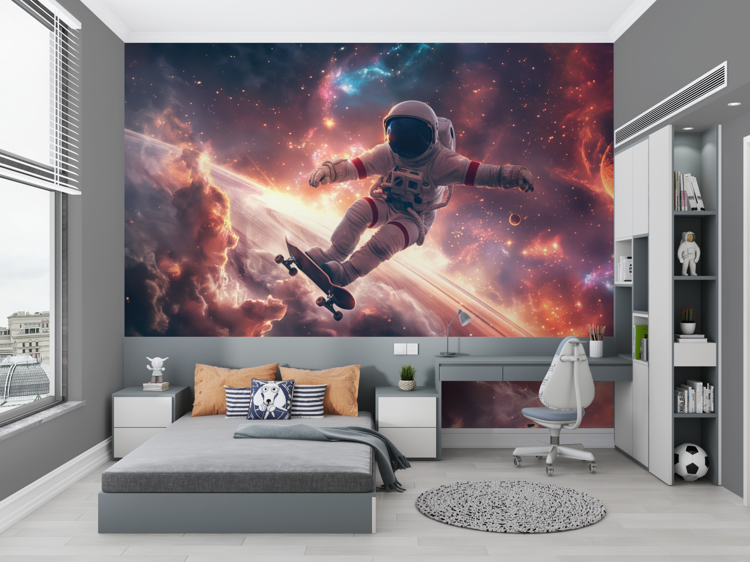 Tapete mit Astronauten-Skateboard – kleines Zimmer