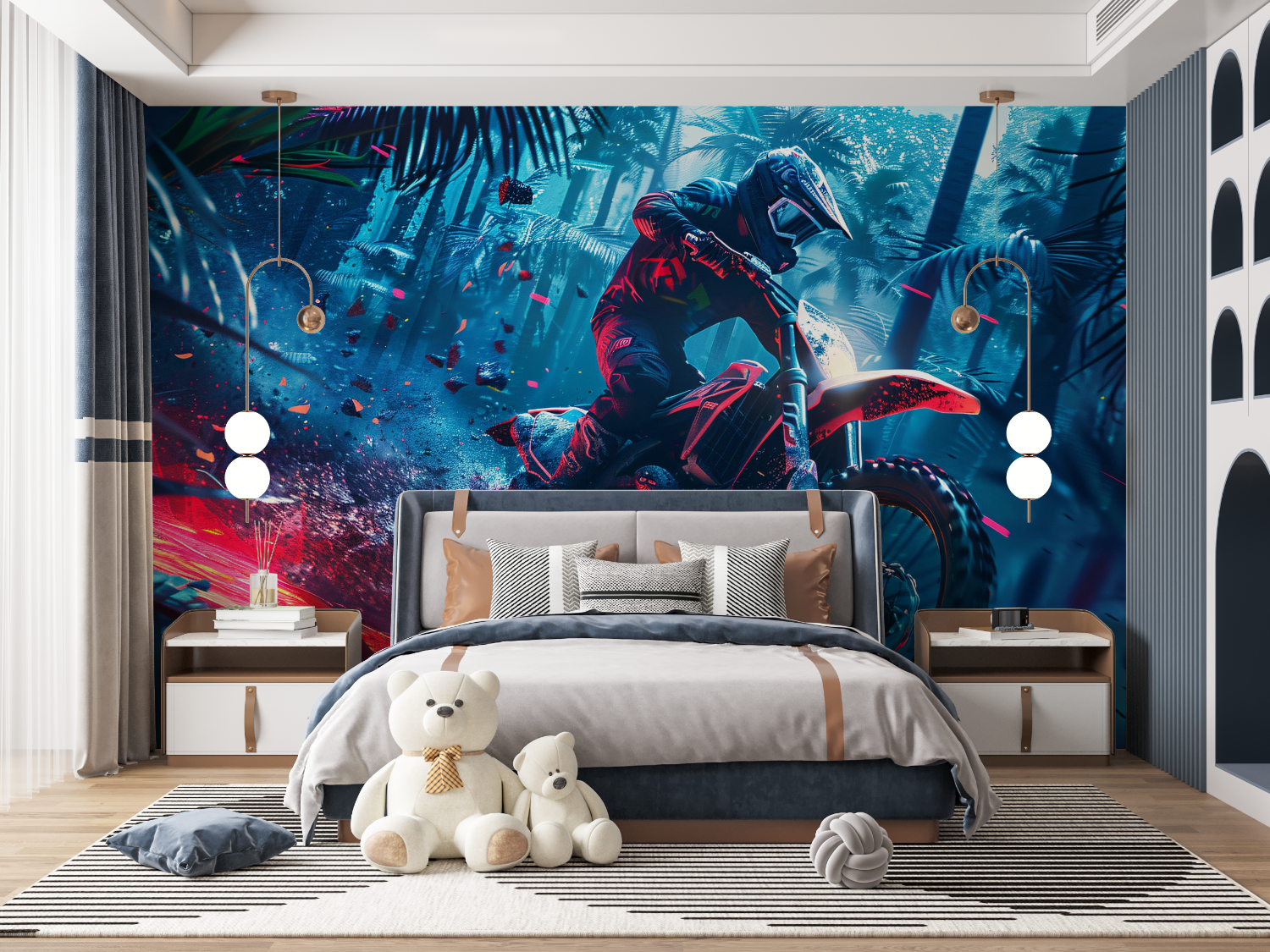 Tapete Garçon Motocross Néon – Wandteppich aus kurzer Zeit