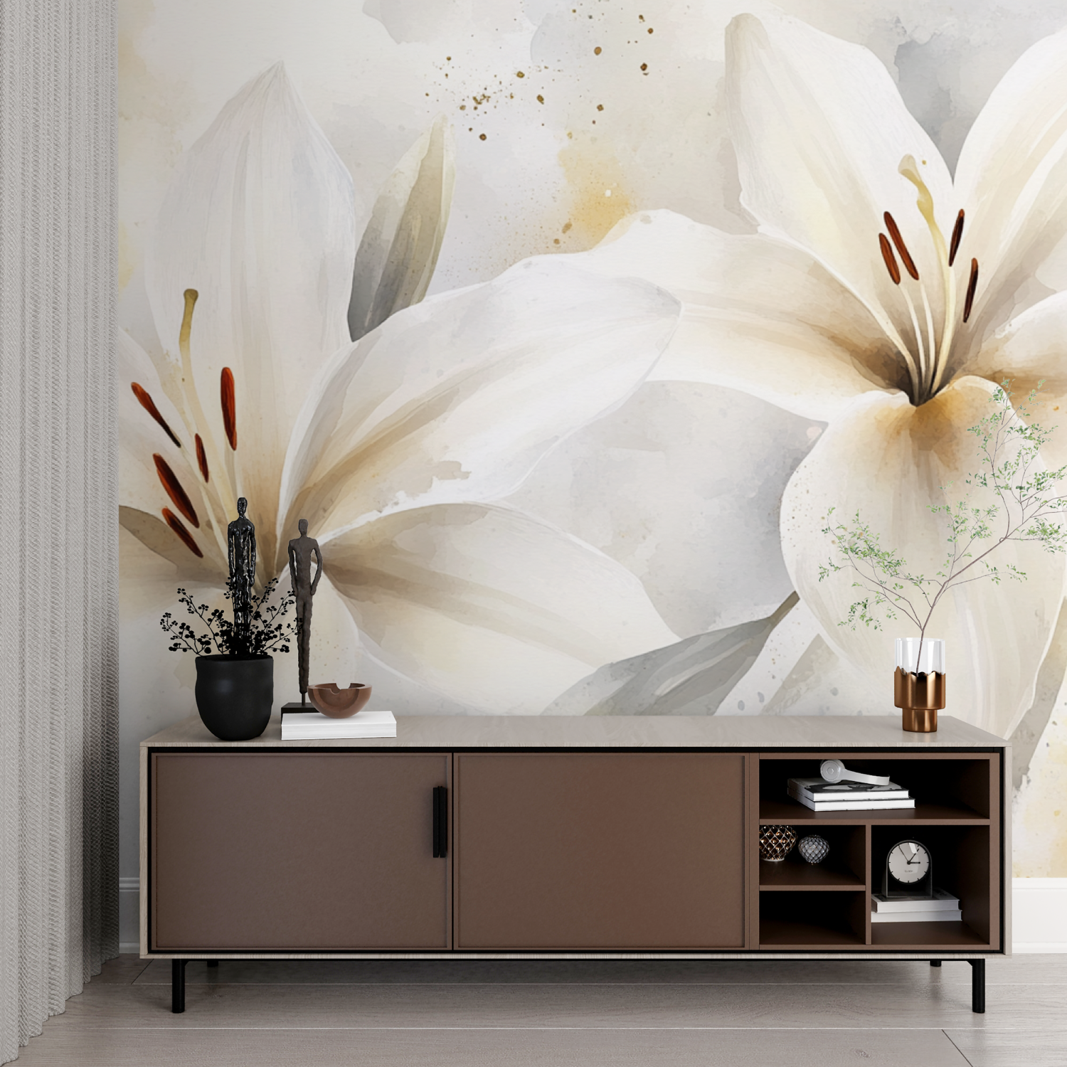 Elegant White Lily Watercolor Wallpaper | Murals Wallpaper