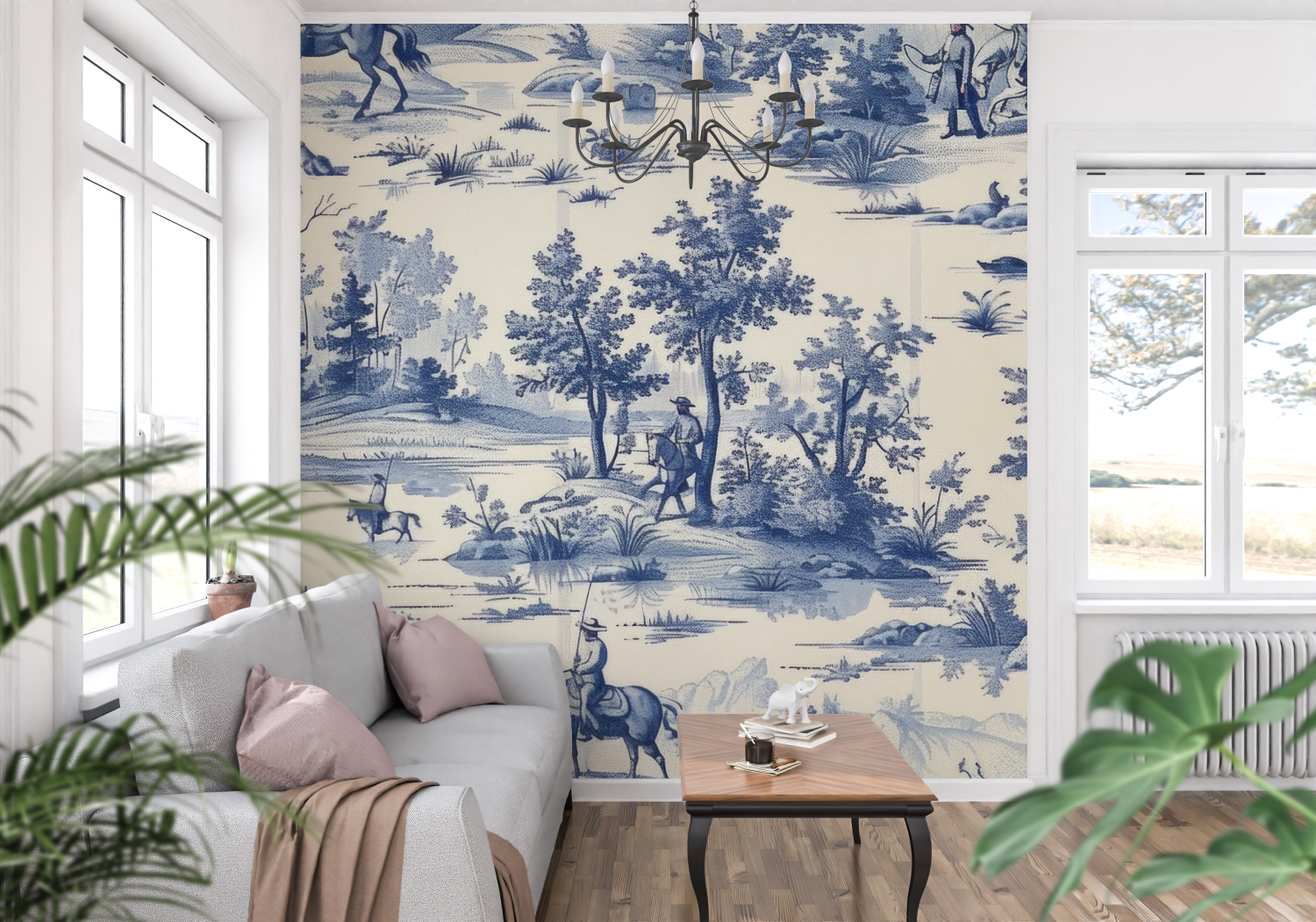 Papier Peint Toile De Jouy Dessin Bleu - Tapisserie