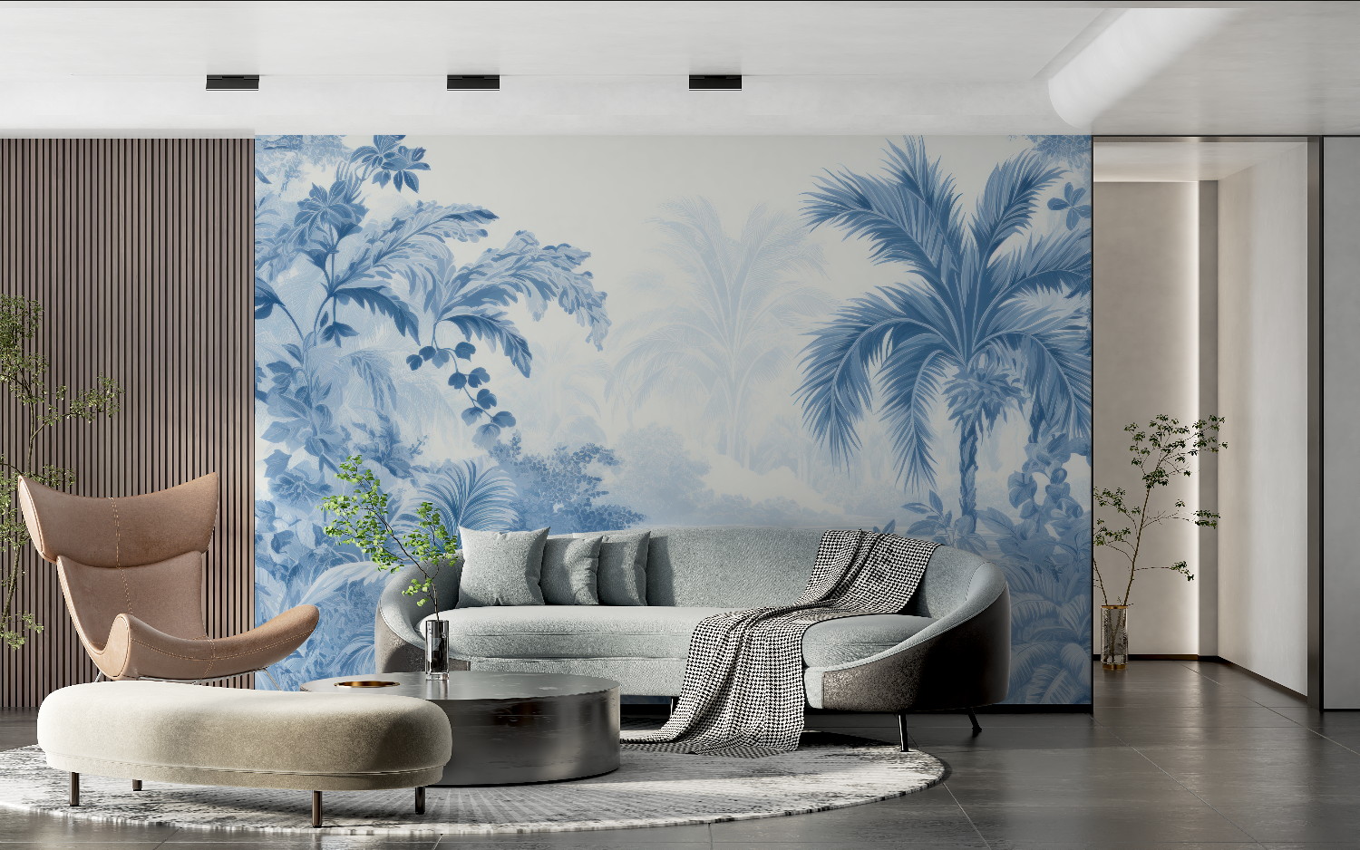 Papier Peint Panoramique Palmiers Bleu - Salon