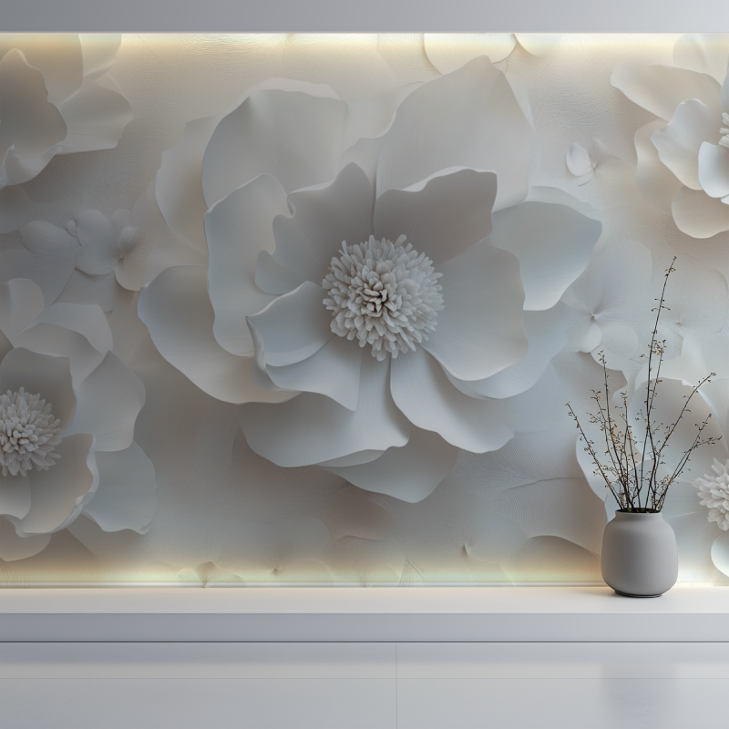 Papier peint fleur blanche relief mur blanc