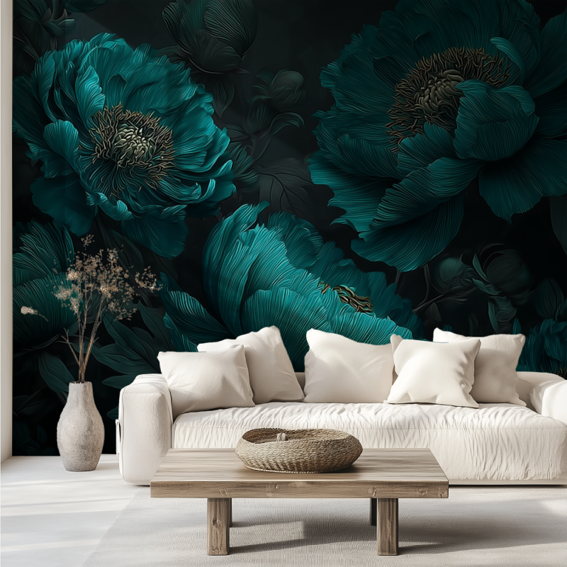 Beautiful green blue flowers mural wallpaper canape tendance