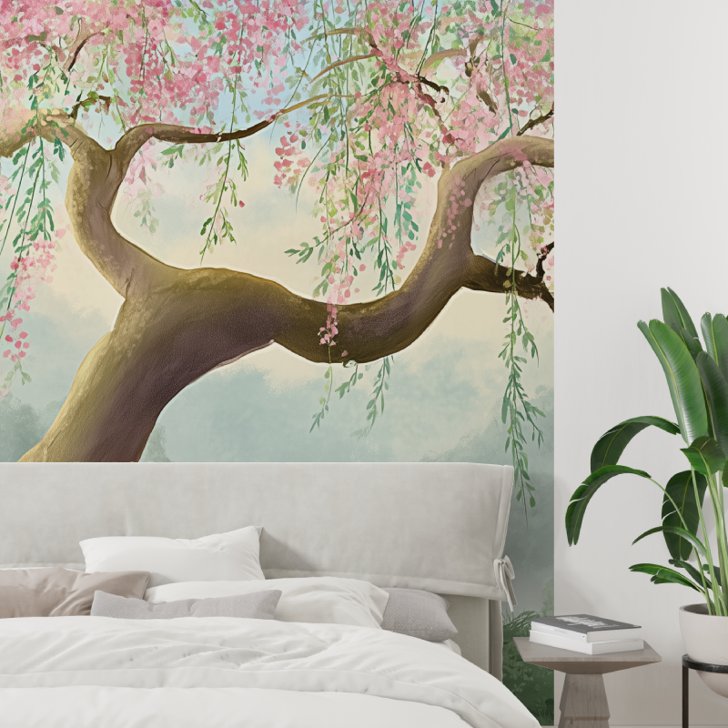 Panorama-Fototapete mit Kirschbäumen für den Trend-Teppichbereich