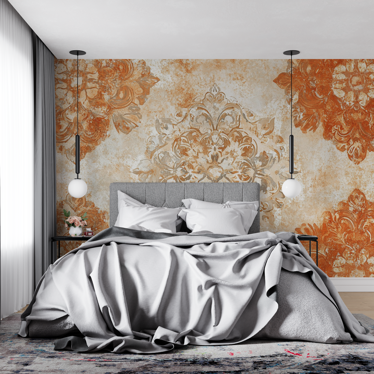 Terracotta Wallpaper with Golden Scrolls | Murals Wallpaper
